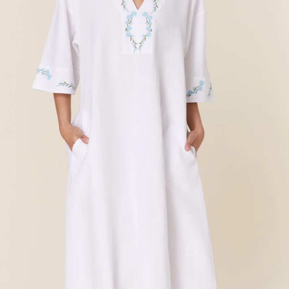 NWT Fanm Mon x Andie Linen Kepez Kaftan Dress White Breezy Resort Wear - Picture 14 of 14